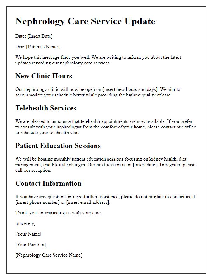 Letter template of nephrology care service update