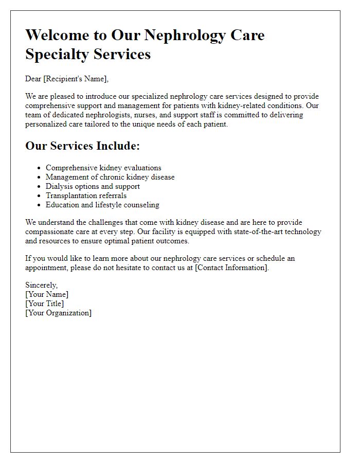 Letter template of nephrology care specialty services introduction