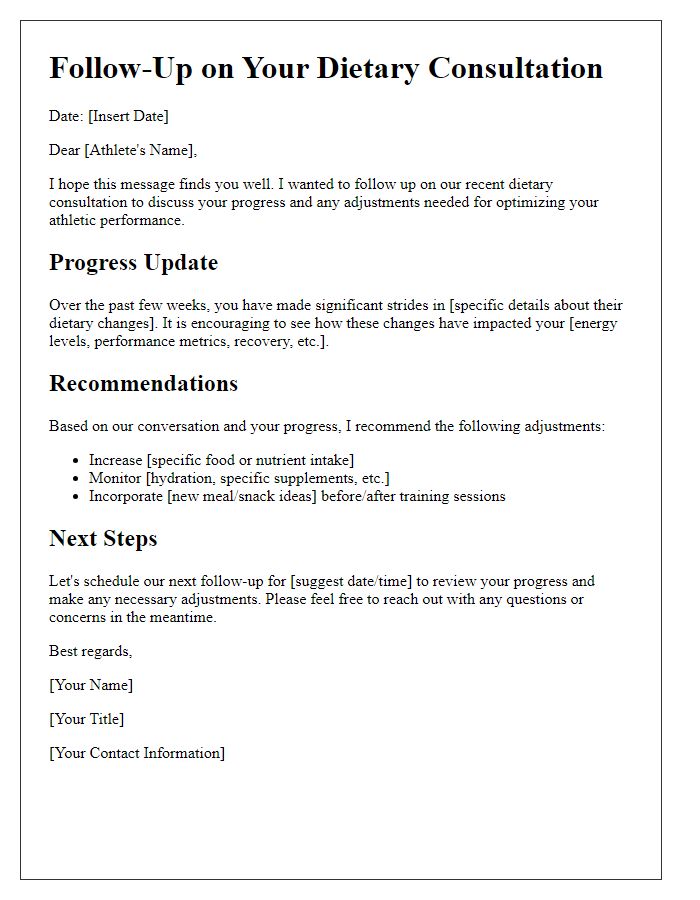 Letter template of dietary consultation follow-up for athletic performance.