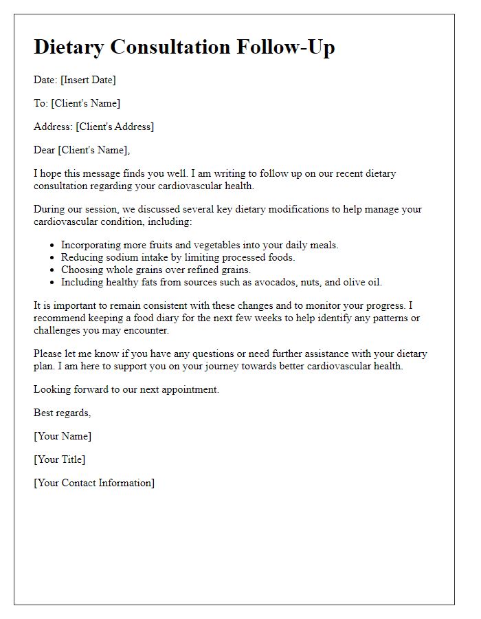 Letter template of dietary consultation follow-up for cardiovascular health.