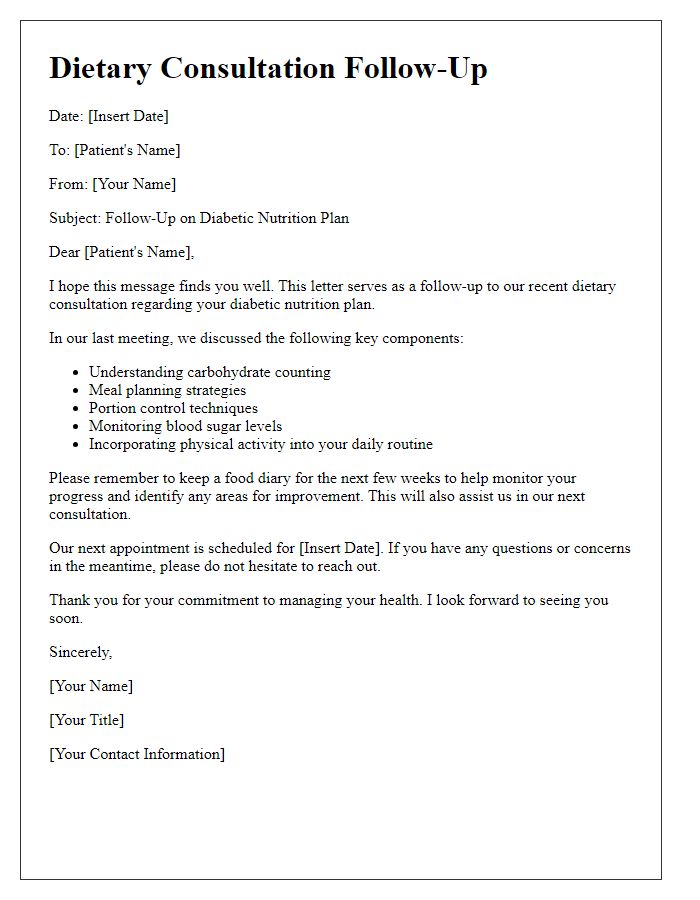 Letter template of dietary consultation follow-up for diabetic nutrition plan.