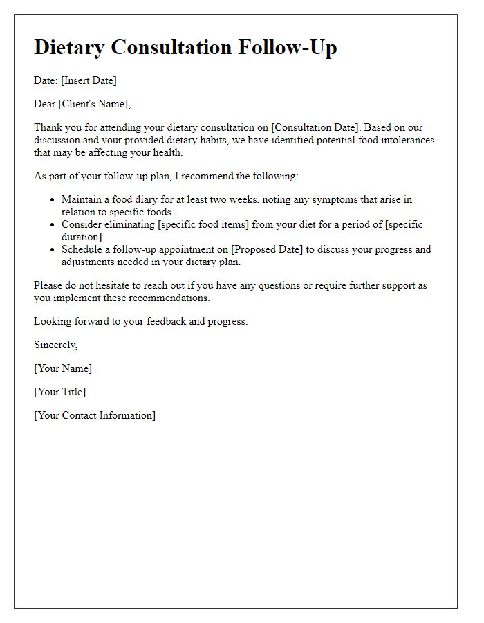 Letter template of dietary consultation follow-up for food intolerance assessment.