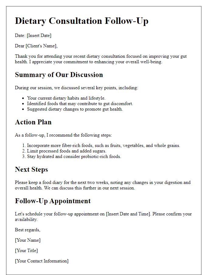 Letter template of dietary consultation follow-up for gut health improvement.