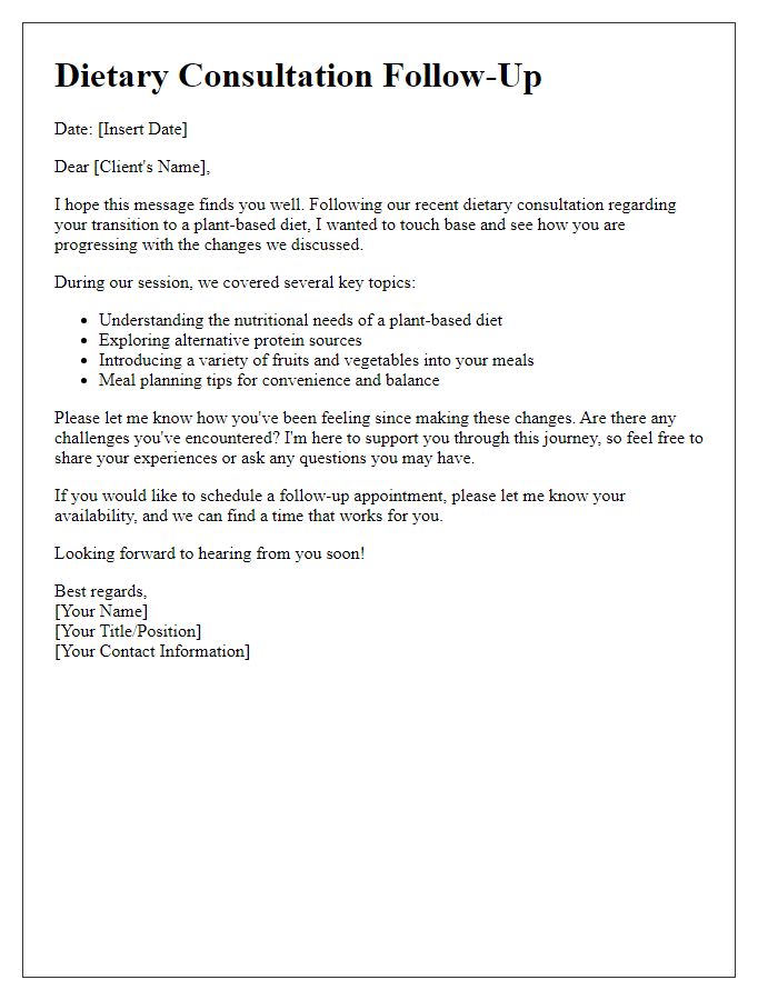 Letter template of dietary consultation follow-up for plant-based diet transition.