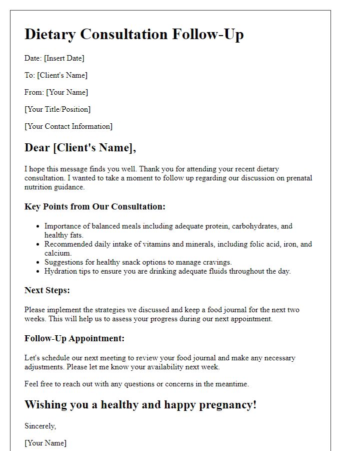 Letter template of dietary consultation follow-up for prenatal nutrition guidance.