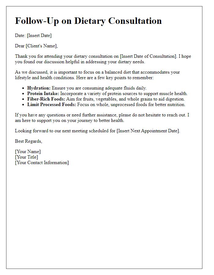 Letter template of dietary consultation follow-up for senior dietary needs.