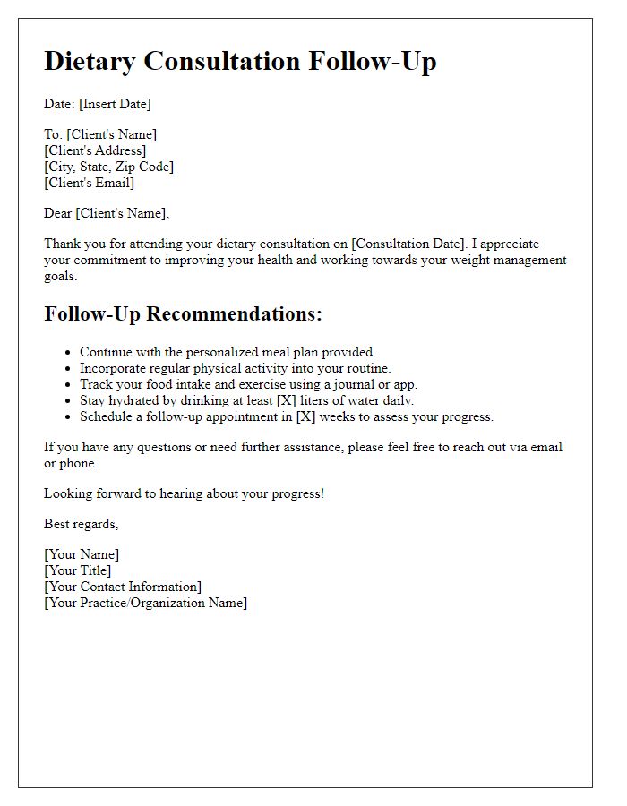 Letter template of dietary consultation follow-up for weight management.