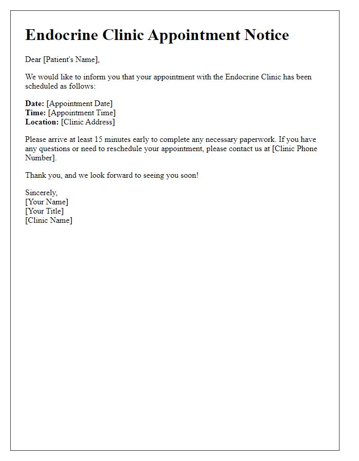 Letter template of endocrine clinic appointment notice