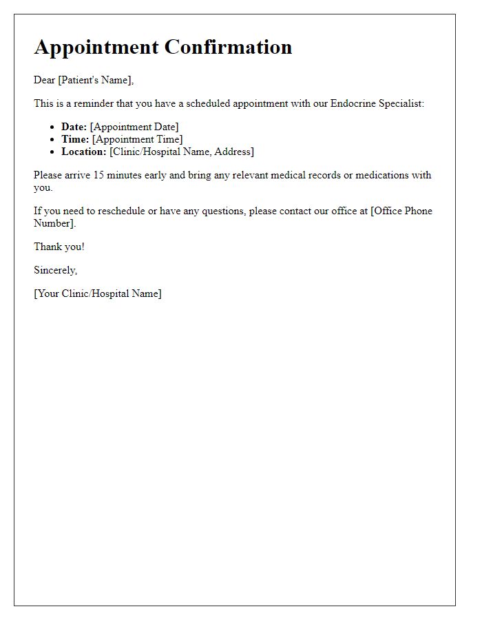 Letter template of scheduled endocrine specialist visit alert