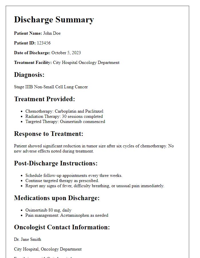 Letter template of oncology treatment discharge summary