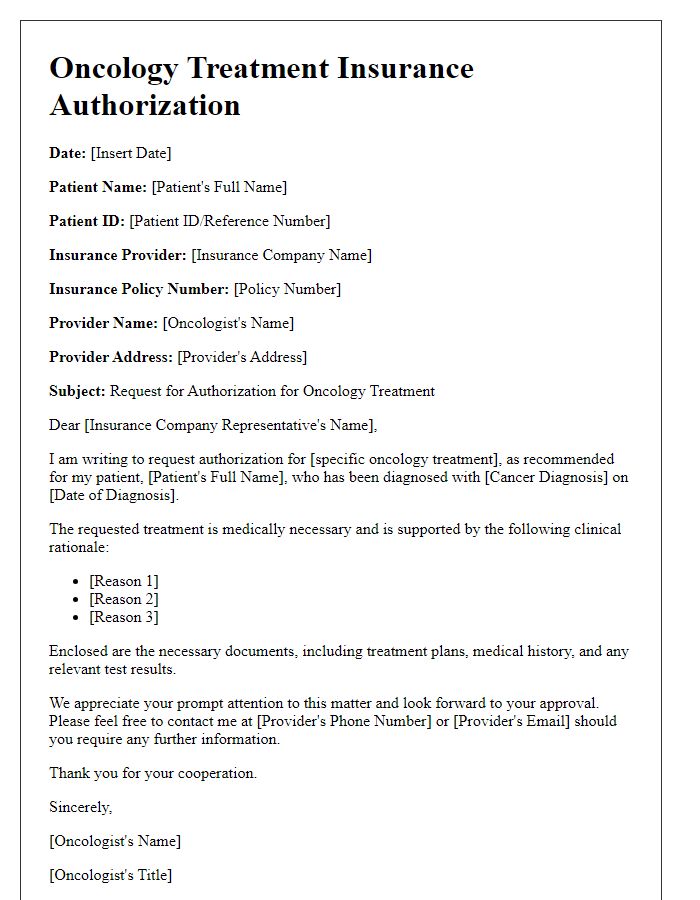 Letter template of oncology treatment insurance authorization