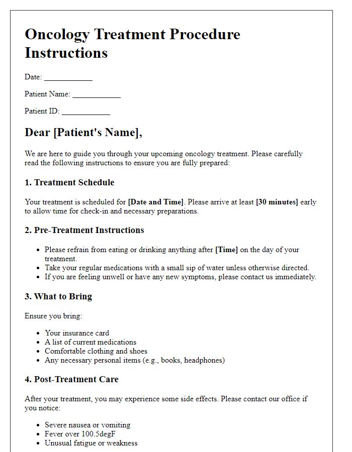 Letter template of oncology treatment procedure instructions