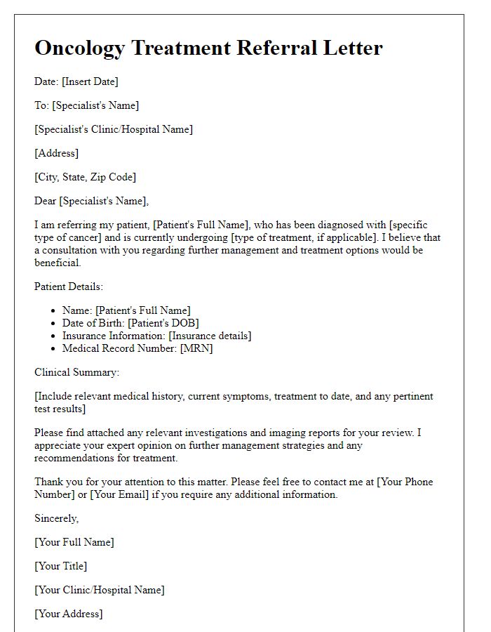 Letter template of oncology treatment referral to specialist