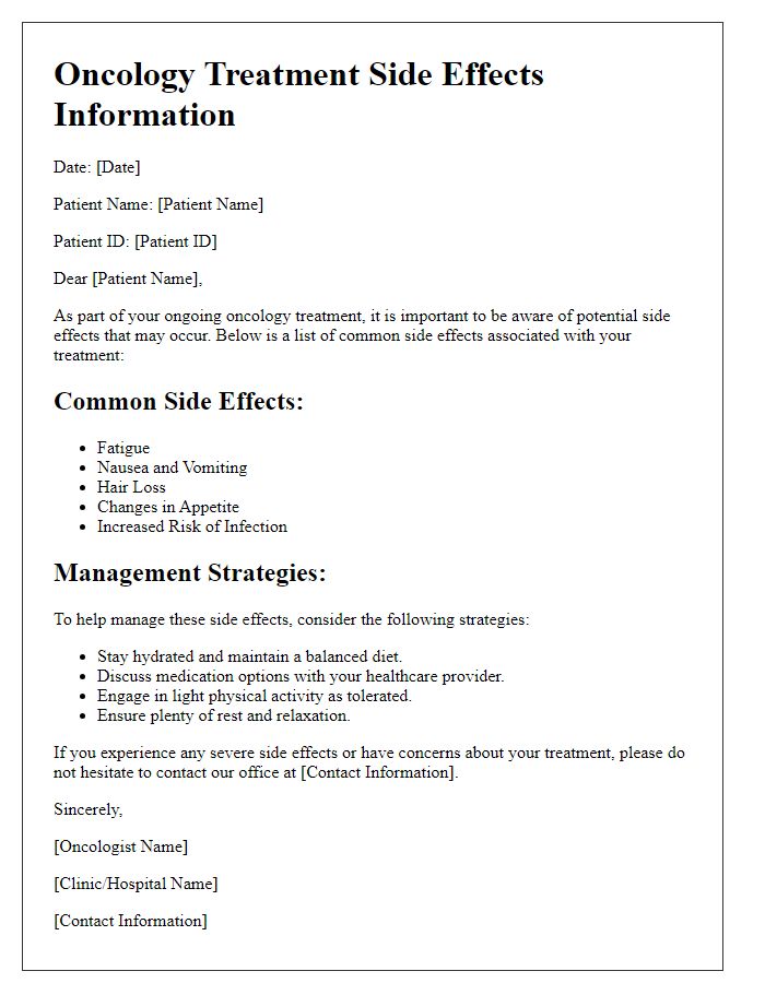 Letter template of oncology treatment side effects information