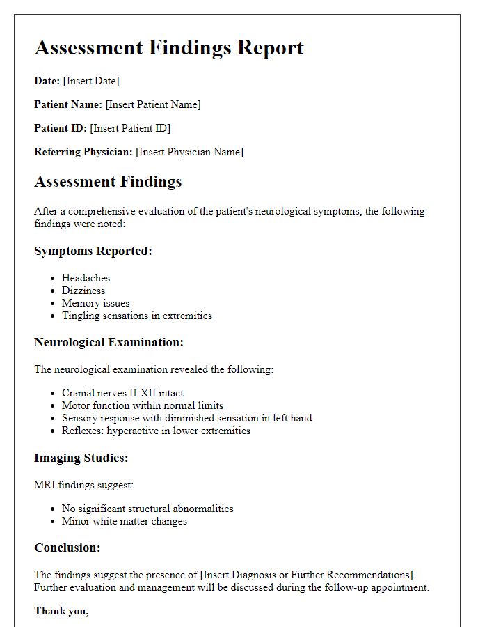 Letter template of assessment findings for neurology symptoms