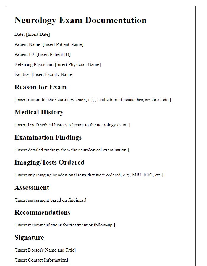 Letter template of documentation for neurology exam