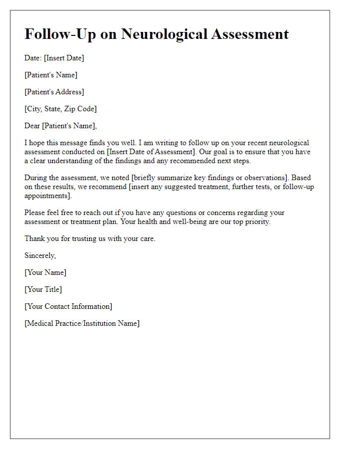 Letter template of follow-up on neurological assessment