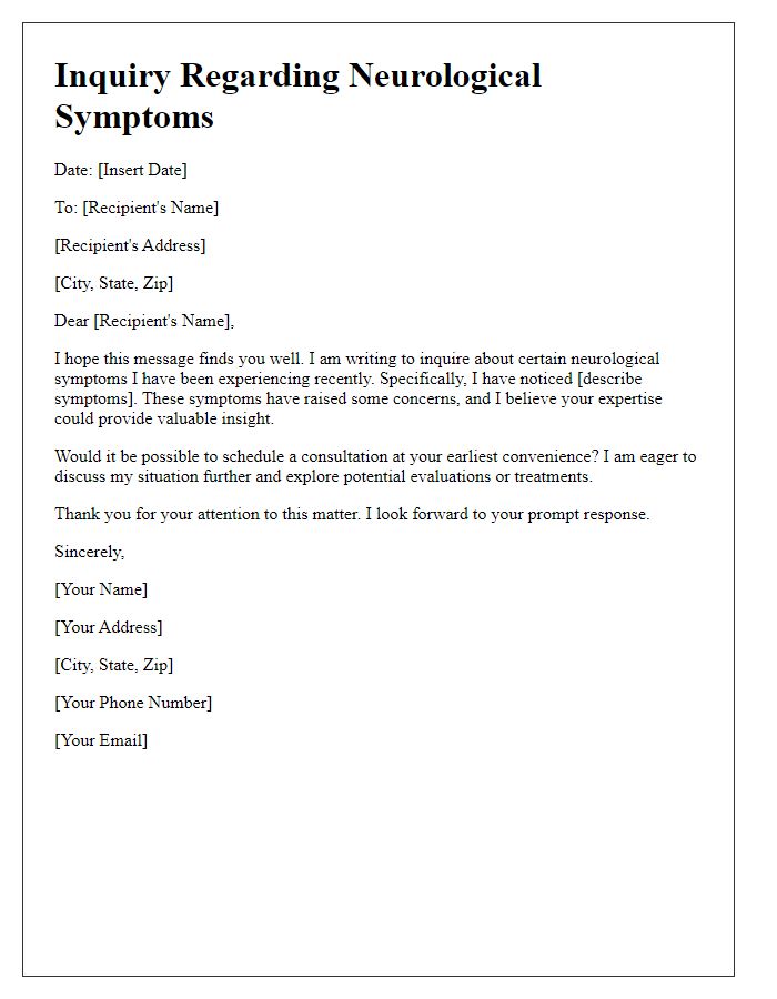 Letter template of inquiry for neurological symptoms