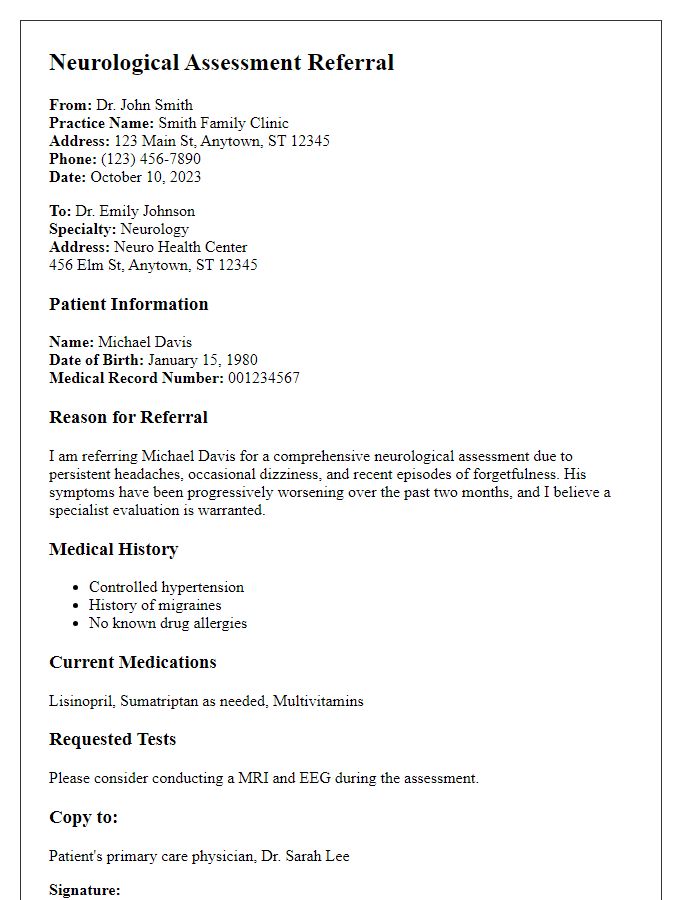 Letter template of neurological assessment referral