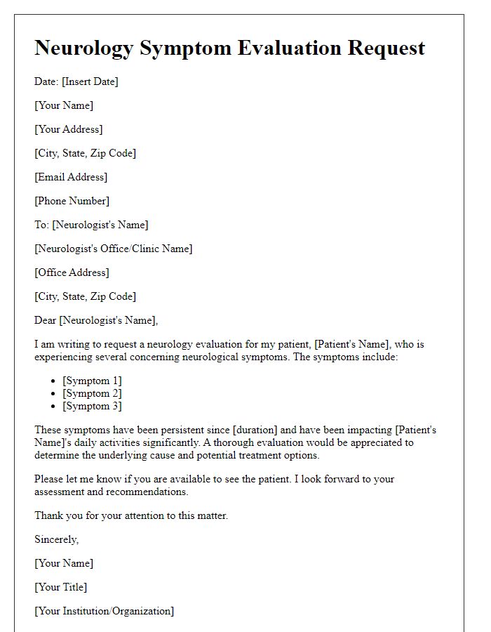 Letter template of neurology symptom evaluation request