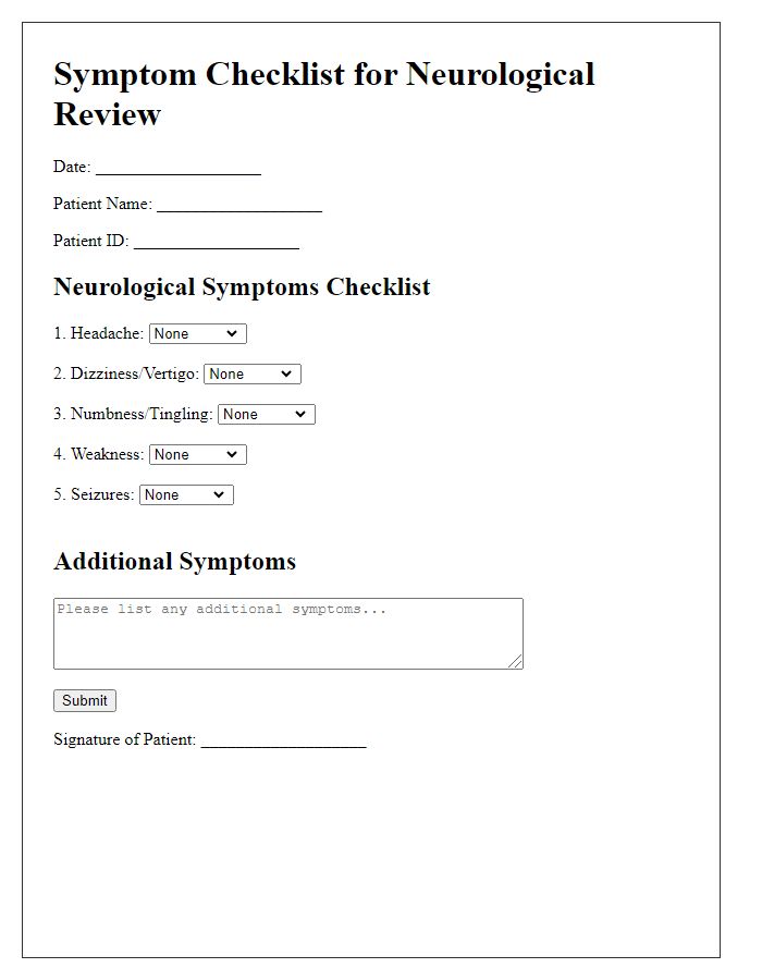 Letter template of symptom checklist for neurological review