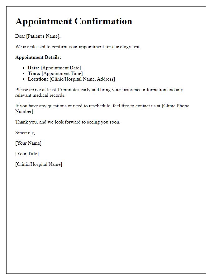 Letter template of appointment confirmation for urology test