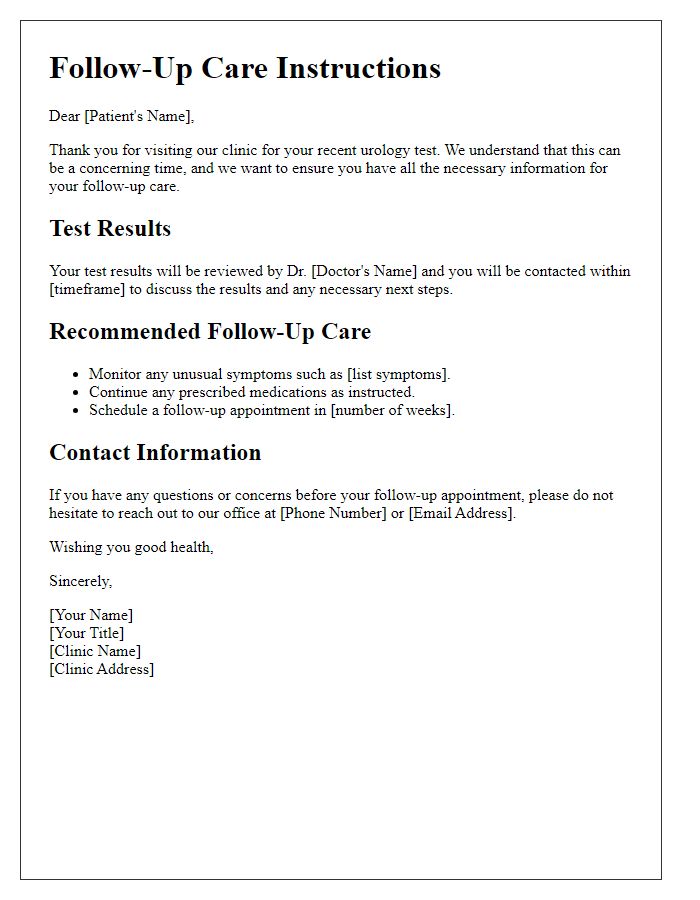 Letter template of follow-up care after urology test