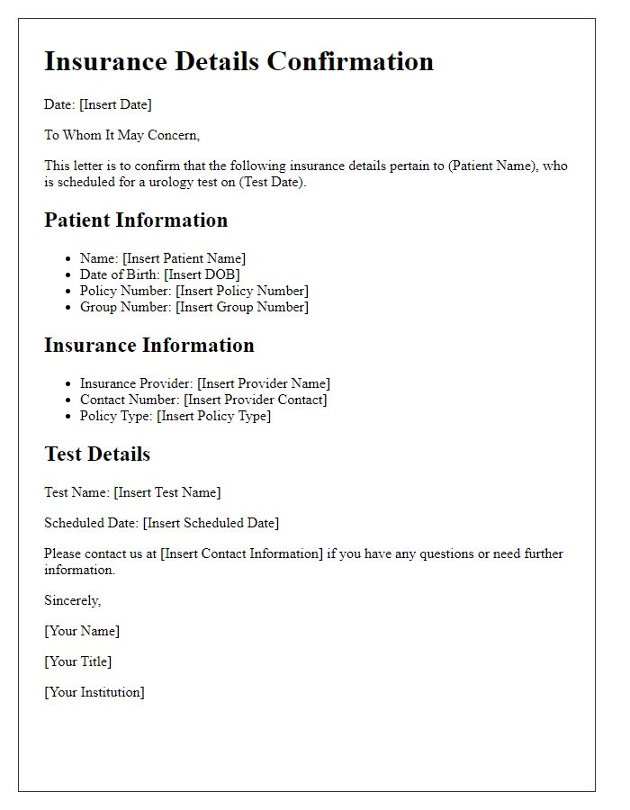 Letter template of insurance details for urology test