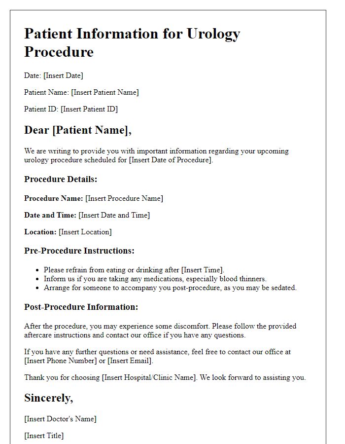 Letter template of patient information for urology procedure