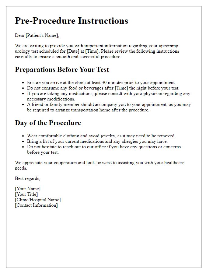 Letter template of pre-procedure instructions for urology test