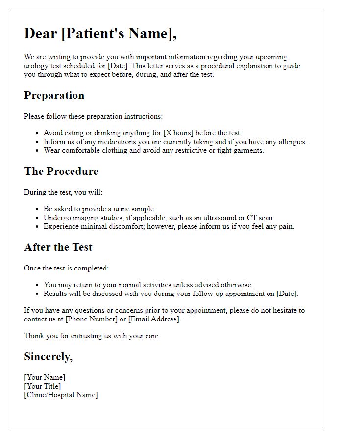 Letter template of procedural explanation for urology test