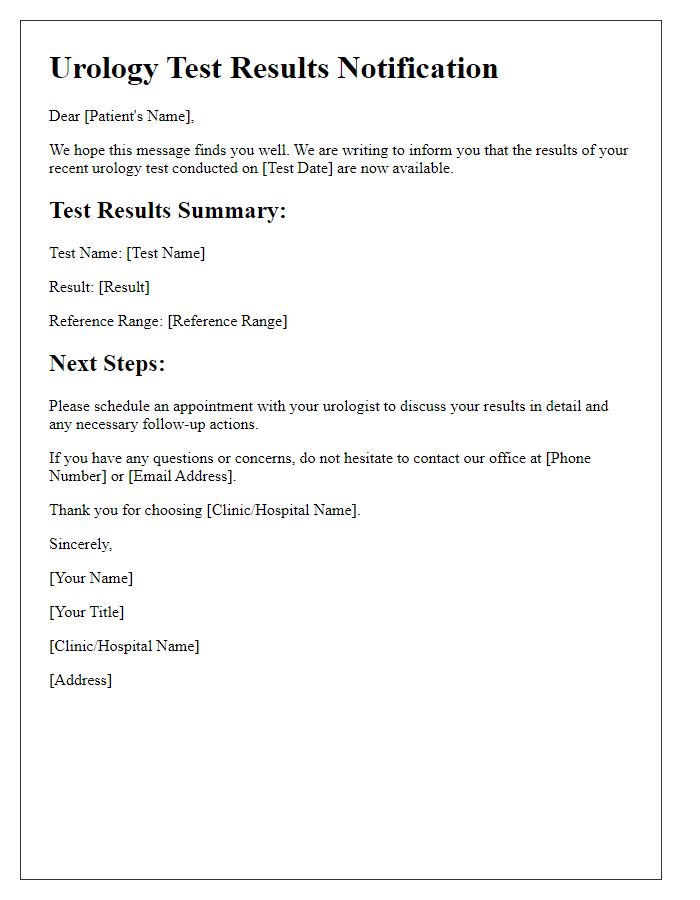 Letter template of results notification for urology test