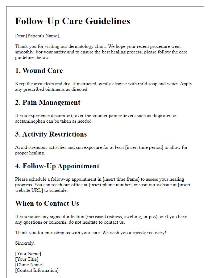 Letter template of follow-up care guidelines after dermatology procedure