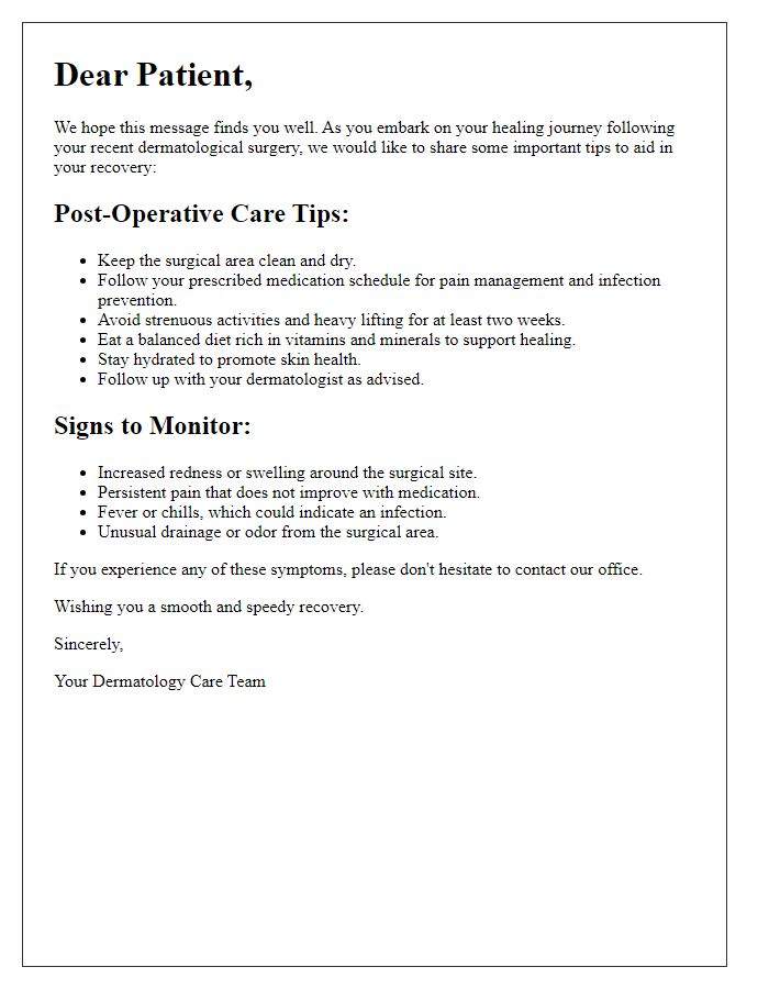 Letter template of healing process tips for surgical dermatology care