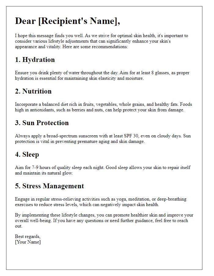 Letter template of lifestyle adjustments for optimal skin health