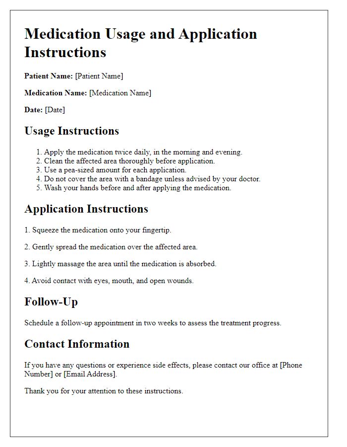 Letter template of medication usage and application instructions for skin treatment