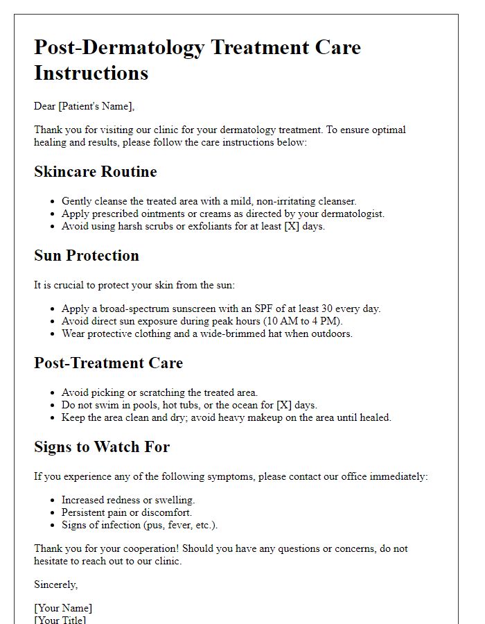 Letter template of post-dermatology treatment care instructions