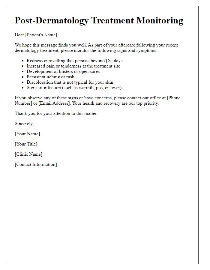 Letter template of signs to monitor after dermatology treatment