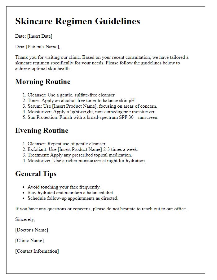 Letter template of skincare regimen guidelines after dermatology visit