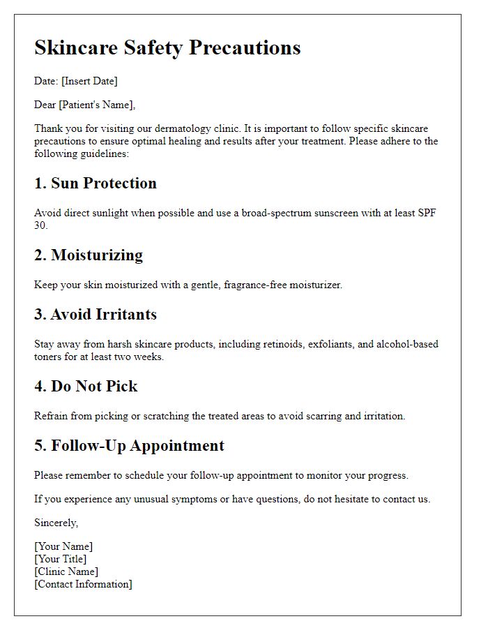 Letter template of skincare safety precautions post-dermatology