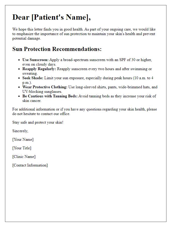 Letter template of sun protection advice for dermatology patients