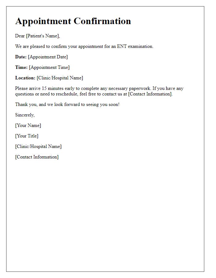 Letter template of ENT examination appointment confirmation