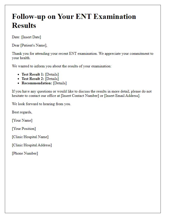 Letter template of ENT examination results follow-up