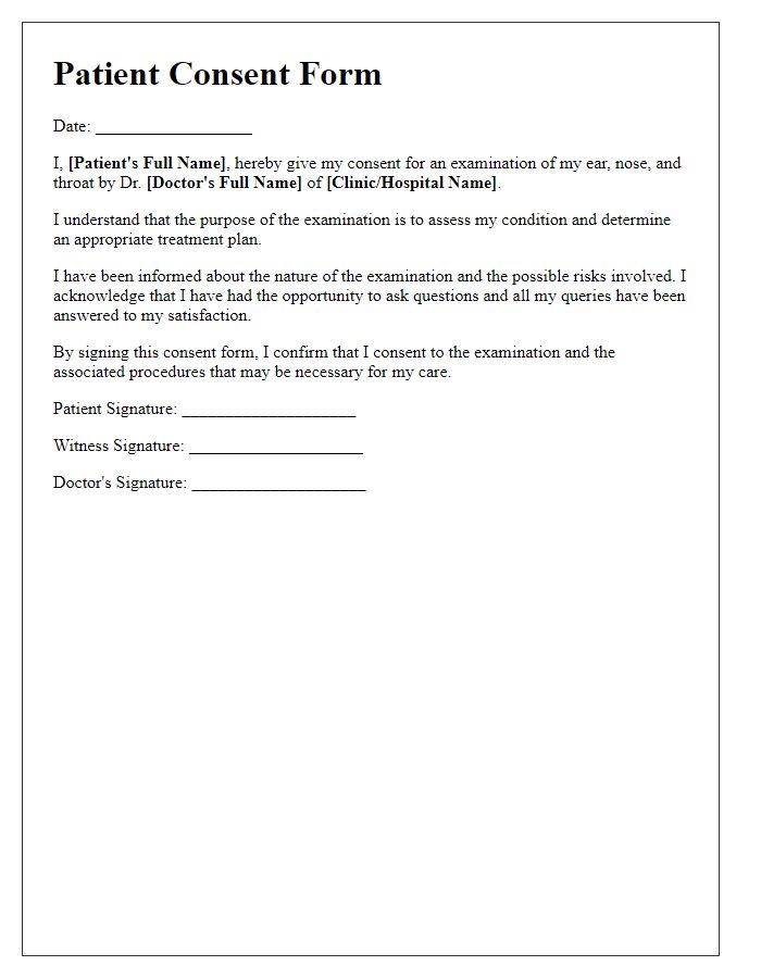 Letter template of patient consent for ENT examination procedures