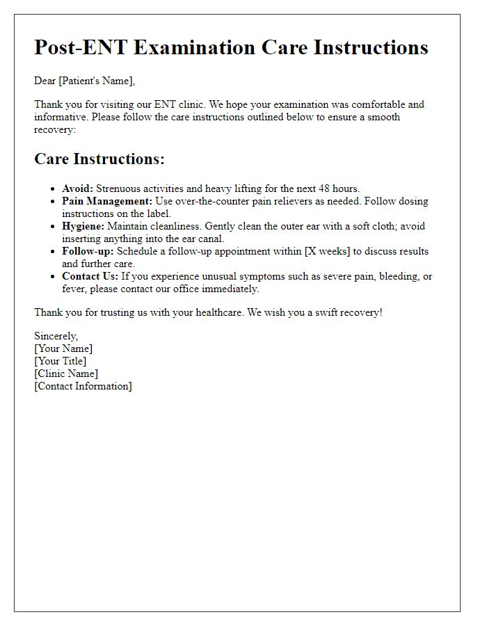 Letter template of post-ENT examination care instructions