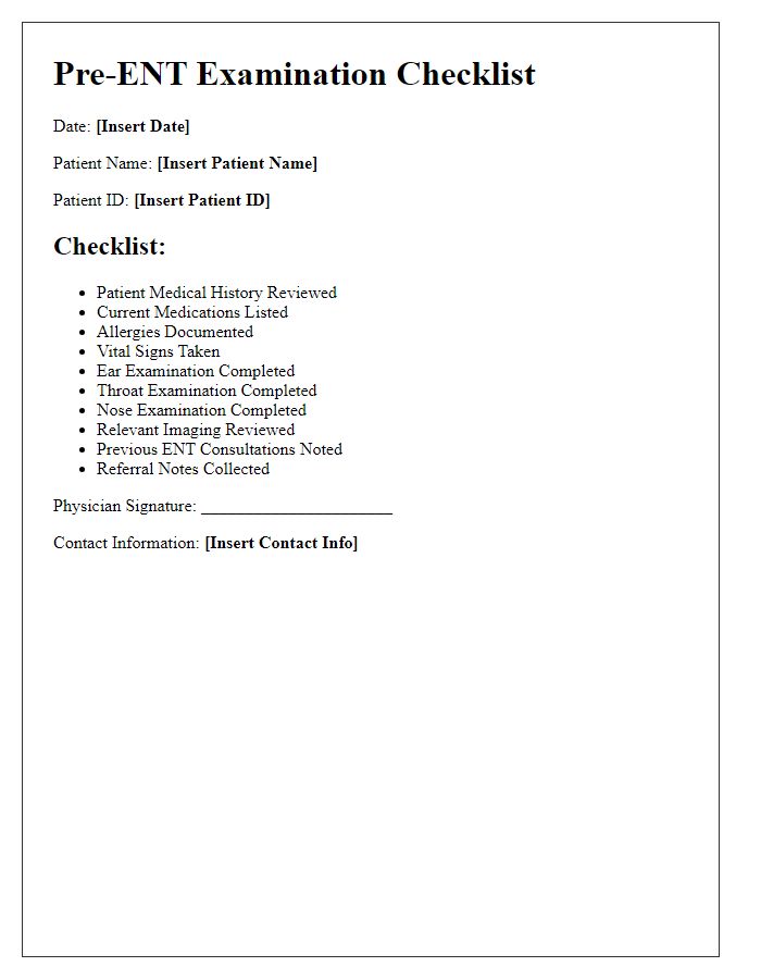 Letter template of pre-ENT examination checklist