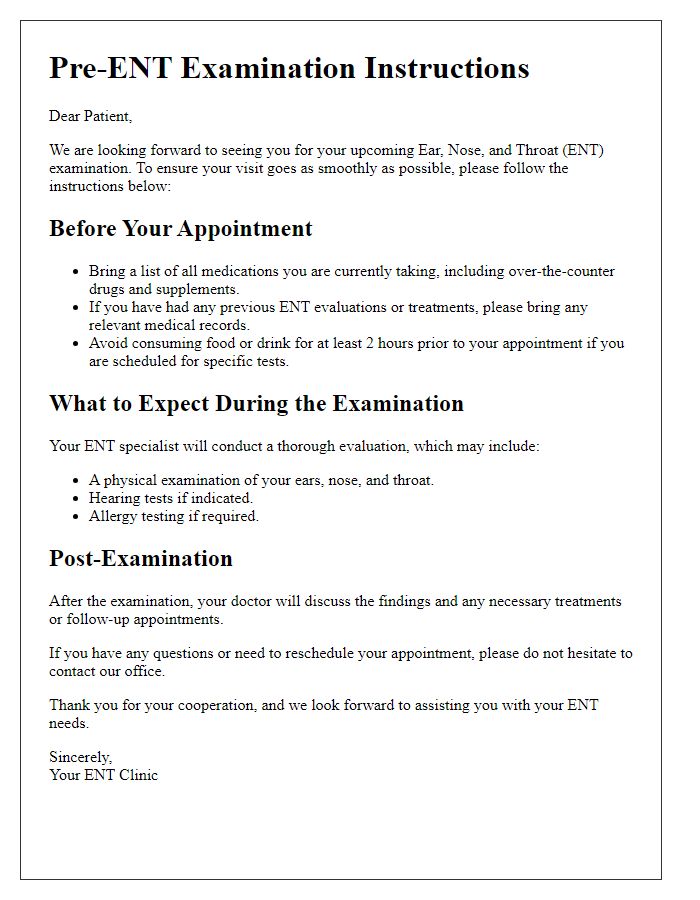 Letter template of pre-ENT examination instructions for patients