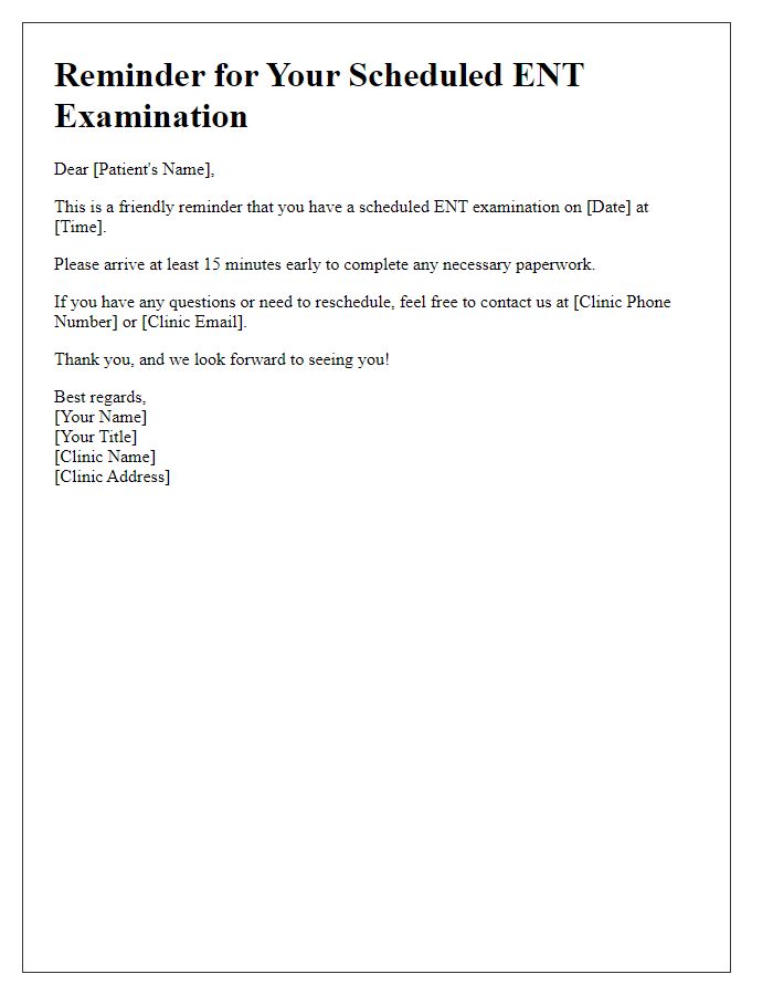 Letter template of reminders for scheduled ENT examinations