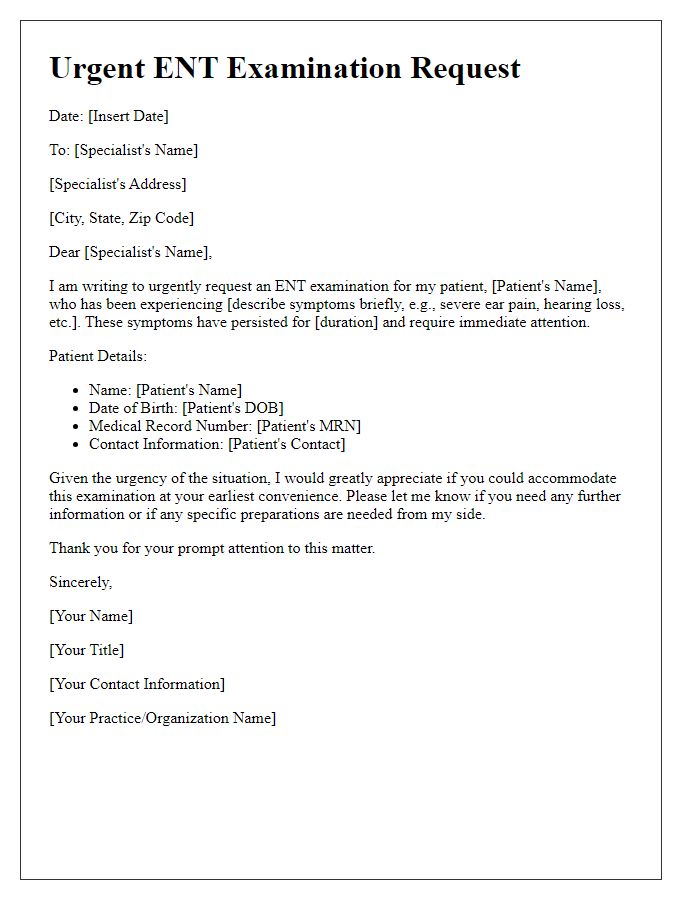 Letter template of urgent ENT examination request for specialists