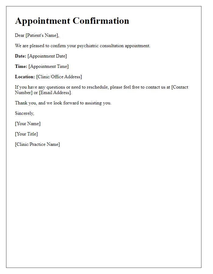 Letter template of psychiatric consultation scheduling